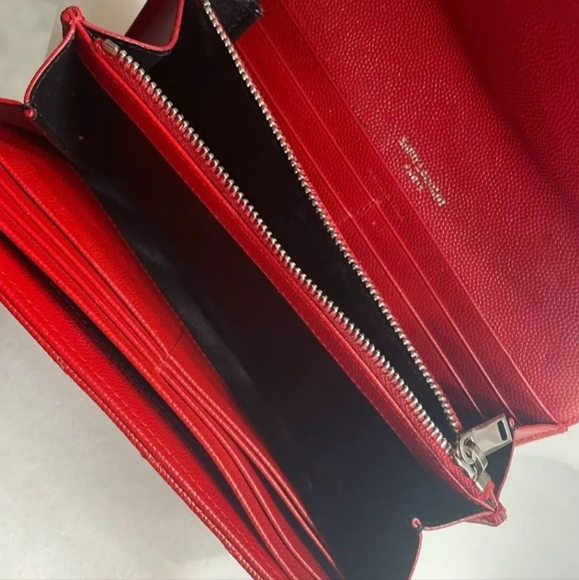RARE & Auth YSL SAINT LAURENT Long Flap Wallet In Grain Embossed Leather in Red - Picture 10 of 15